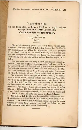 Quedenfeldt, G: Verzeichnis der von Herrn Major a. D. von Mechow in Angola und am Quango-Strom 1878-1881 gesammelten Curculioniden und Brenthiden. Sonderdruck aus: berliner Entomolog. Zeitschr. 32, 271-308. 