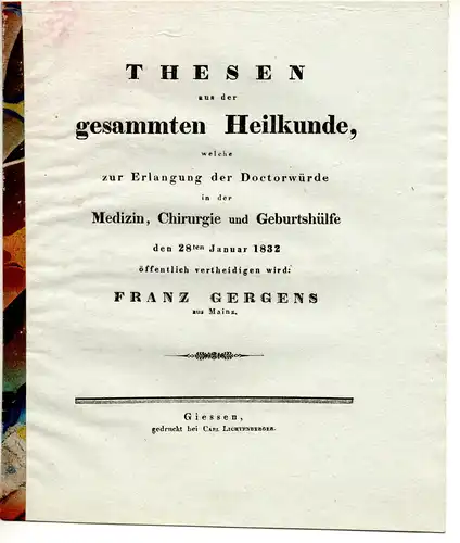 Gergens, Franz: aus Mainz: Thesen aus der gesammten Heilkunde. 