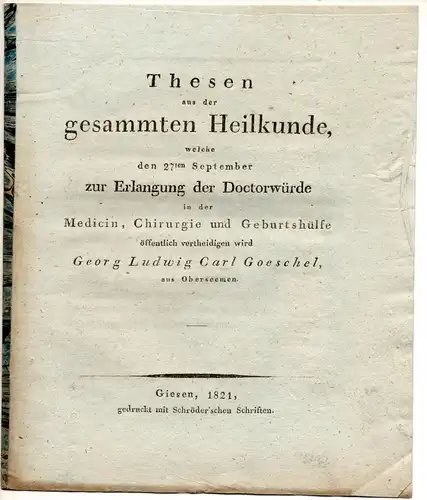 Goeschel, Georg Ludwig Carl: aus Oberseemen: Thesen aus der gesammten Heilkunde. 