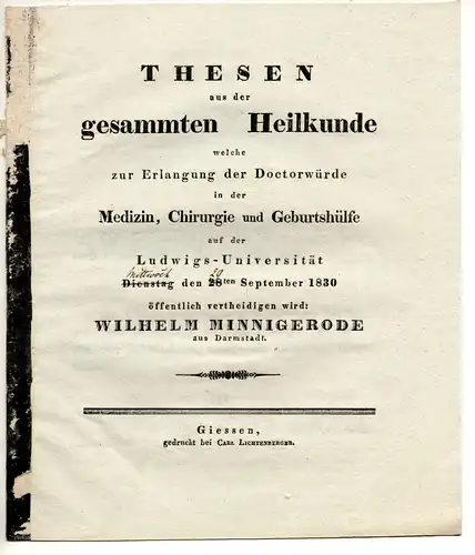 Minnigerode, Wilhelm: aus Darmstadt: Thesen aus der gesammten Heilkunde. 