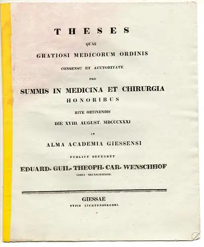 Wenschhof, Eduard Wilhelm Theophil Carl: aus Lessa: Theses quas gratiosi medicorum ordinis. Antrittsvorlesung. 