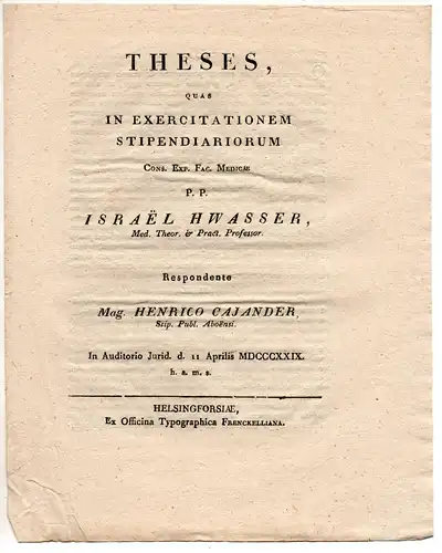 Cajander, Henric: Theses Quas In Exercitationem Stipendiariorum Cons. Exp. Fac. Medicae. 