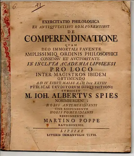 Poppe, Martin: aus Regensburg: Exercitatio. De comperendinatione. (Über die Vertagung eines Urteils). 