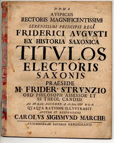 Marche, Carl Sigismund: Juristische Disputation. Ex historia Saxonica titulos electoris Saxonis. 