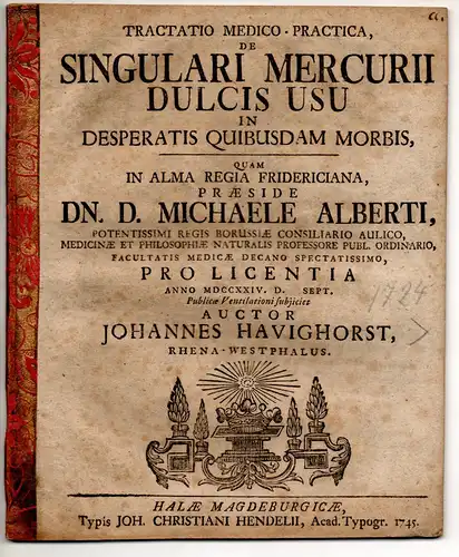 Havighorst, Johann: Tractatio Medico-Practica, De Singulari Mercurii Dulcis Usu In Desparatis Quibusdam Morbis. 