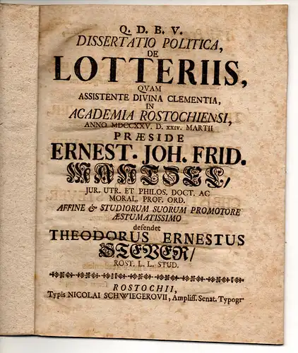 Stever, Theodor Ernst: aus Rostock: Juristische Dissertation. De Lotteriis. 