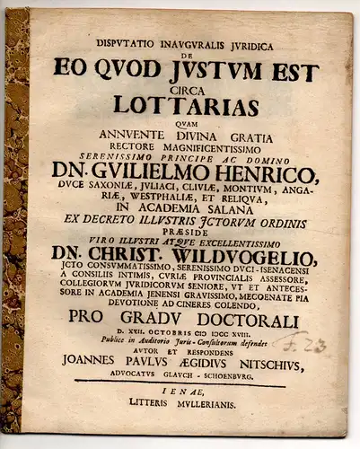 Nitsche, Johannes Paul Aegidius: Juristische Inaugural-Disputation. De eo quod iustum est circa lottarias. 