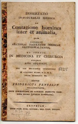 Pentzlin, Friedrich: De contagione homines inter et animalia. Dissertation. 