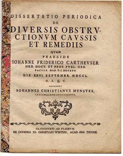 Munster, Johannes Christian: Medizinische Dissertation. De diversis obstructionum caussis et remediis. 