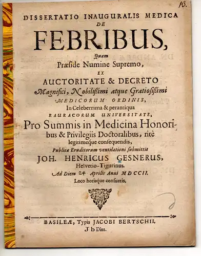 Gesner, Johann Heinrich: Medizinische Inaugural-Dissertation. De Febribus. 