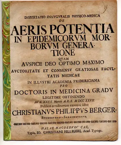 Berger, Christian Philipp: aus Bückeburg: Juristische Inaugural-Dissertation. De aeris potentia in epidemicorum morborum generatione. 