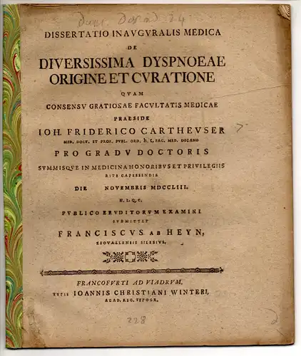 Heyn, Franz von: Leovallensis: Medizinische Inaugural-Dissertation. De diversissima dyspnoeae origine et curatione. 