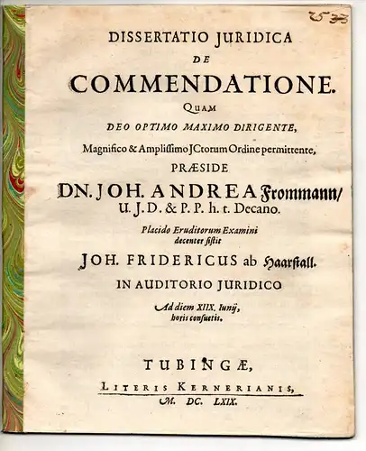 Haarstall, Johann Friedrich von: Juristische Dissertation. De commendatione. 