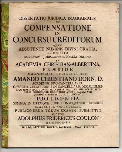 Coulon, Adolf Friedrich: aus Hamburg: Juristische Inaugural-Dissertation. De compensatione in concursu creditorum. 