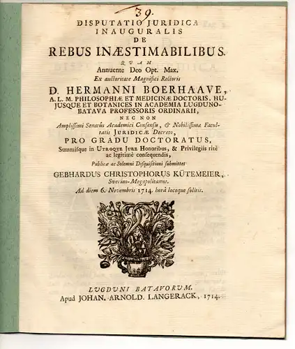 Kütemeier, Gebhard Christoph: aus Schwerin: Juristische Disputation. De Rebus inaestimabilibus. 