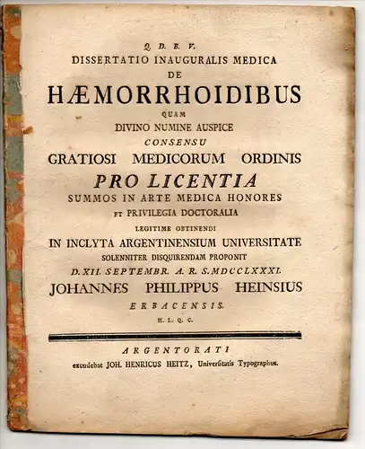 Heinsius, Johannes Philippus: aus Erbach: Medizinische Inaugural-Dissertation. De haemorrhoidibus. 