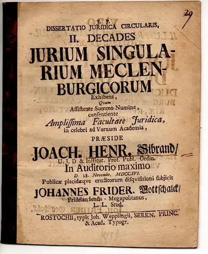 Gottschalck, Johannes Friedrich: Juristische Dissertation.  II. decades jurium singularium Meclenburgicorum. 