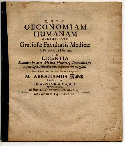 Rader, Abraham: aus Lindau: Medizinische Disputation. Oeconomiam humanam. 