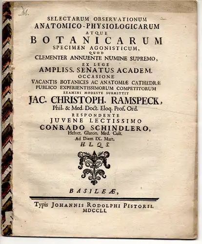 Schindler, Conrad: Selectarum observationum anatomico-physiologicarum atque botanicarum. 