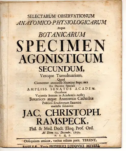 Ramspeck, Jacob Christoph: Selectarum observationum anatomico-physiologicarum atque botanicarum specimen agonisticum secundum. 