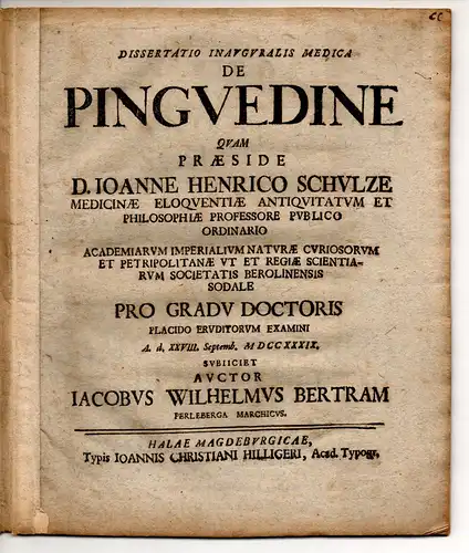 Bertram, Jacob Wilhelm: aus Perleberg: Medizinische Inaugural-Dissertation. De pinguedine. 