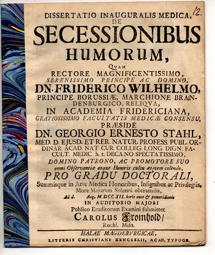 Fromhold, Carl: aus Rochlitz: Medizinische Inaugural-Dissertation. De secessionibus humorum. 