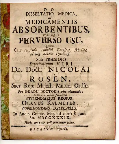 Kalmeter, Olavus: aus Kupferberg (Schweden): Medizinische Dissertation. De medicamentis absorbentibus, eorumque perverso usu. 