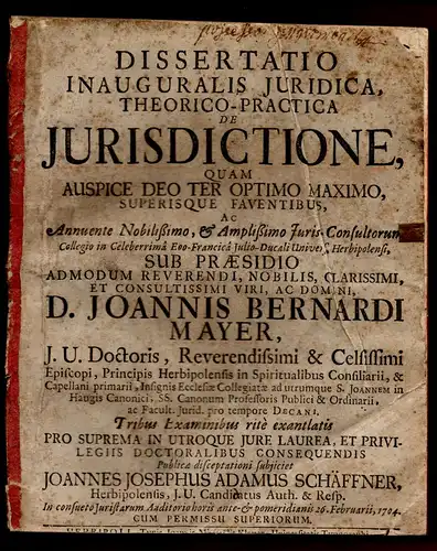 Schäffner, Johann Joseph Adam: aus Würzburg: Juristische Inaugural-Dissertation. De iurisdictione. 