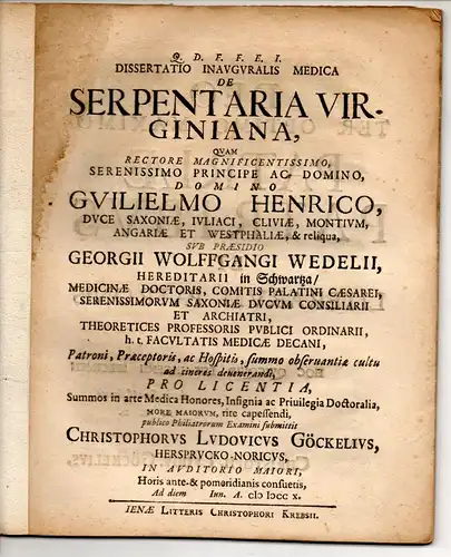 Goeckel, Christoph Ludwig: aus Hersbruck: Medizinische Inaugural-Dissertation. De serpentaria virginiana. 