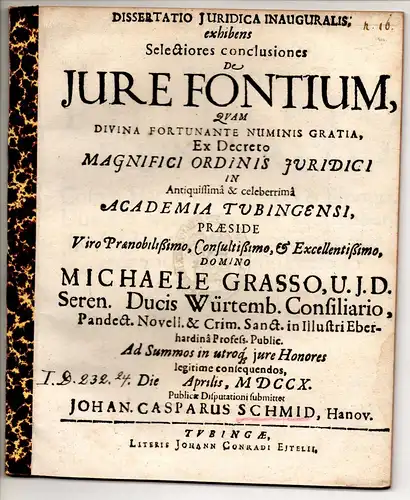 Schmid, Johann Caspar: aus Hanau: Juristische Inaugural-Dissertation. De iure fontium. 