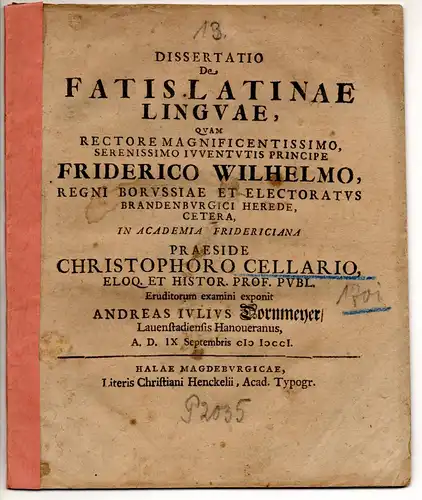 Dornmeyer, Andreas Julius: aus Lauenstadt: Philosophische Dissertation. De fatis latinae linguae. 
