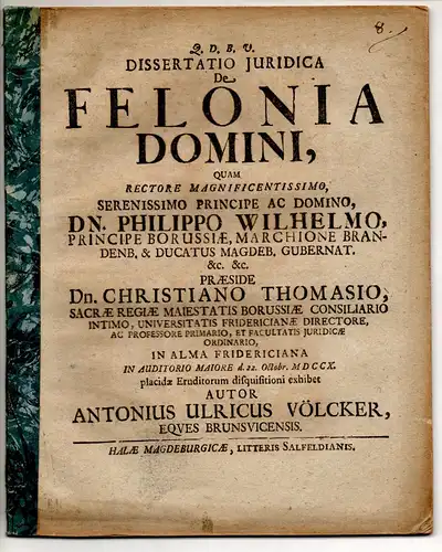 Völcker, Anton Ulrich: aus Braunschweig: Juristische Dissertation. De felonia domini. 