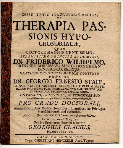 Clacius, Georg.: Aus Hannover: Medizinische Inaugural-Dissertation. De therapia passionis hypochondriacae. 