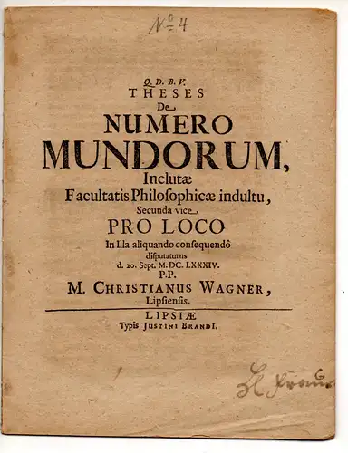 Wagner, Christian: aus Leipzig: Philosophische Disputation. Theses De Numero Mundorum. 