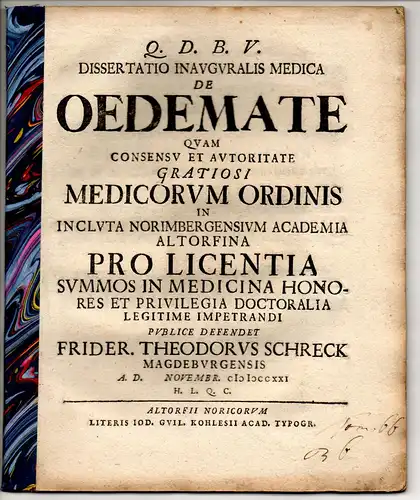 Schreck, Friedrich Theodor: aus Magdeburg: Medizinische Inaugural-Dissertation. De oedemate. 