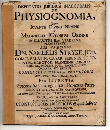 Schmalkalder, Christoph Friedrich: aus Stuttgart: Juristische Inaugural-Disputation. De physiognomia. 