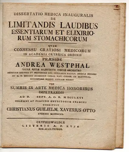 Otto, Christian Wilhelm Xaver: aus Aue: Medizinische Inaugural-Dissertation. De limitandis laudibus essentiarum et elixiriorum stomachicorum. 