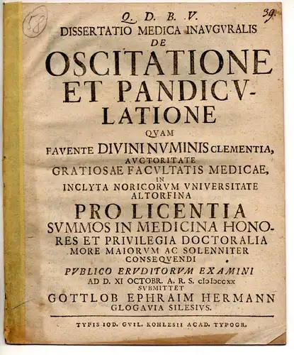 Hermann, Gottlob Ephraim: aus Glogau: Medizinische Inaugural-Dissertation. De oscitatione et plandiculatione. 