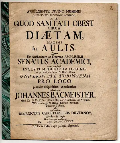 Duvernoy, Benedict Christophil: Kirchheim/Teck: Medizinische Dissertation. De eo, quod sanitati obest circa diaetam, maxime in aulis. 