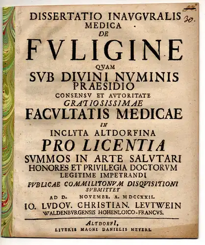 Leutwein, Johann Ludwig Christian: aus Waldenburg: Medizinische Inaugural-Dissertation. De fuligine. 