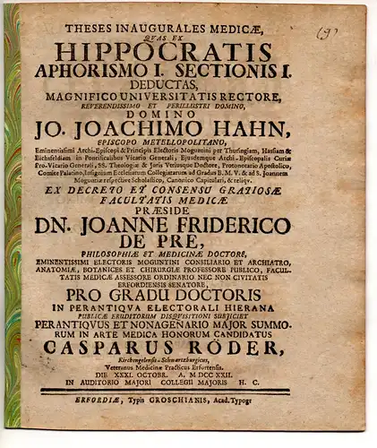 Röder, Caspar: aus Kirchengel: Theses inaugurales medicae que ex hippocratis aphorismo I. sectionis I. deductas. 