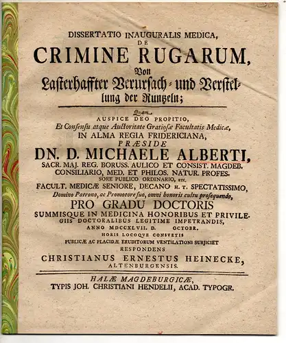 Heinecke, Christian Ernst: aus Altenburg: Medizinische Inaugural-Dissertation. De crimine rugarum, Vom lasterhaffter Verursach- und Verstellung der Runtzeln. 