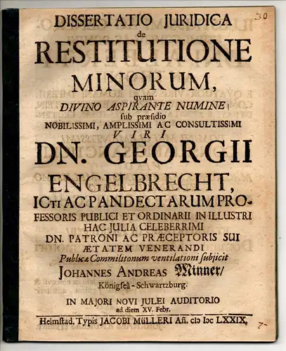 Minner, Johann Andreas: aus Königsee-Schwarzburg: Juristische Dissertation. De restitutione minorum. 