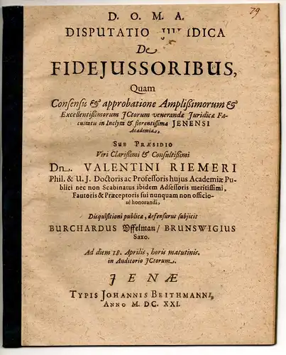 Uffelmann, Burchard: aus Braunschweig: Juristische Disputation. De fideiussoribus. 