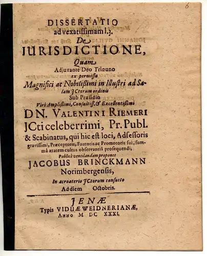 Brinckmann, Jacob: aus Nürnberg: Juristische Dissertation. De jurisdictione. 