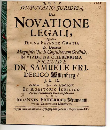 Neumann, Johann Friedrich: Juristische Disputation. De novatione legali. 