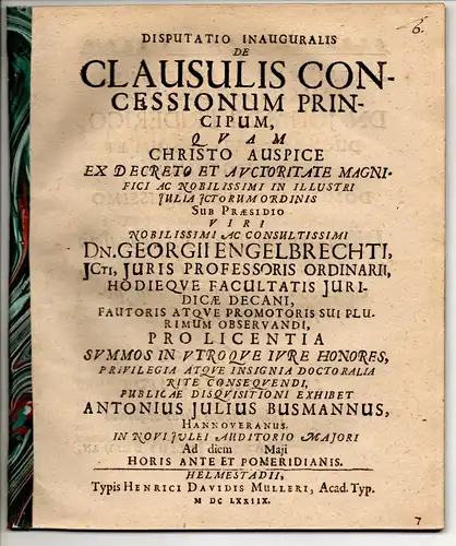 Busmann, Anton Julius: aus Hannover: Juristische Inaugural-Disputation. De clausulis concessionum principum. 