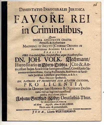 Roeder, Johann Gottfried: aus Deutleben: Juristische Inaugural-Dissertation. De favore rei in criminalibus. 