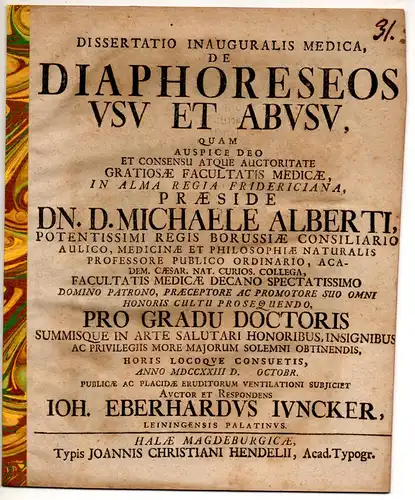 Juncker, Johann Eberhard: Medizinische Inaugural-Dissertation. De diaphoreseos usu et abusu. 
