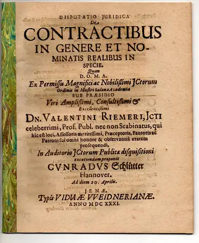 Schlütter, Conrad: aus Hannover: Juristische Disputation. De contractibus in genere et nominatis realibus in specie. 